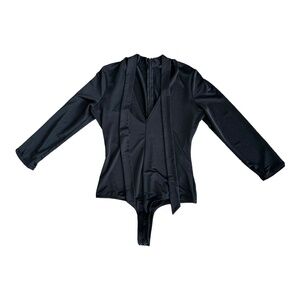 GUESS Womens Bodysuit Black Long Sleeve V-neck Tie Neck Solid Stretch S